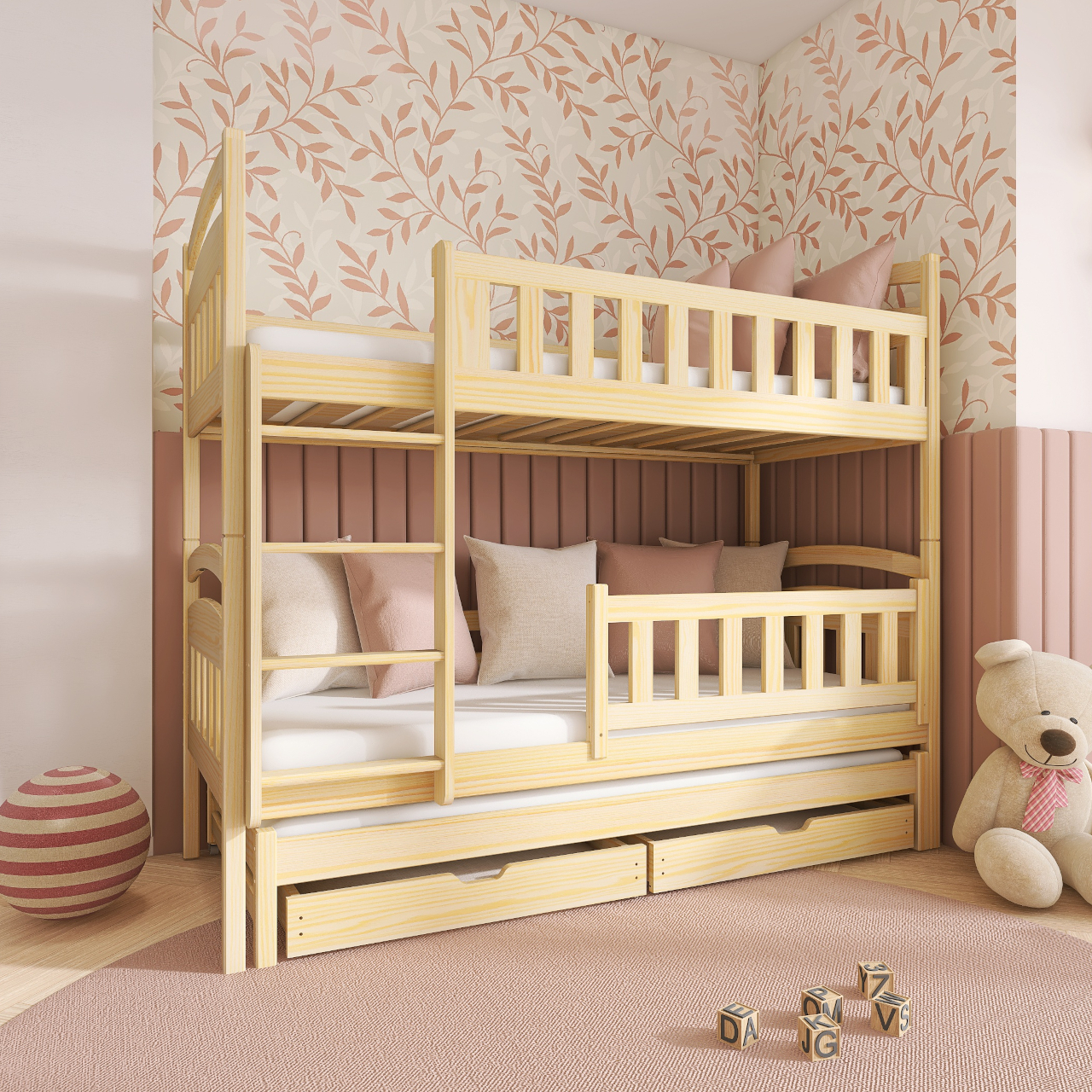 Drewniane łóżko piętrowe potrójne BLANC 80x180 - obrazek 3