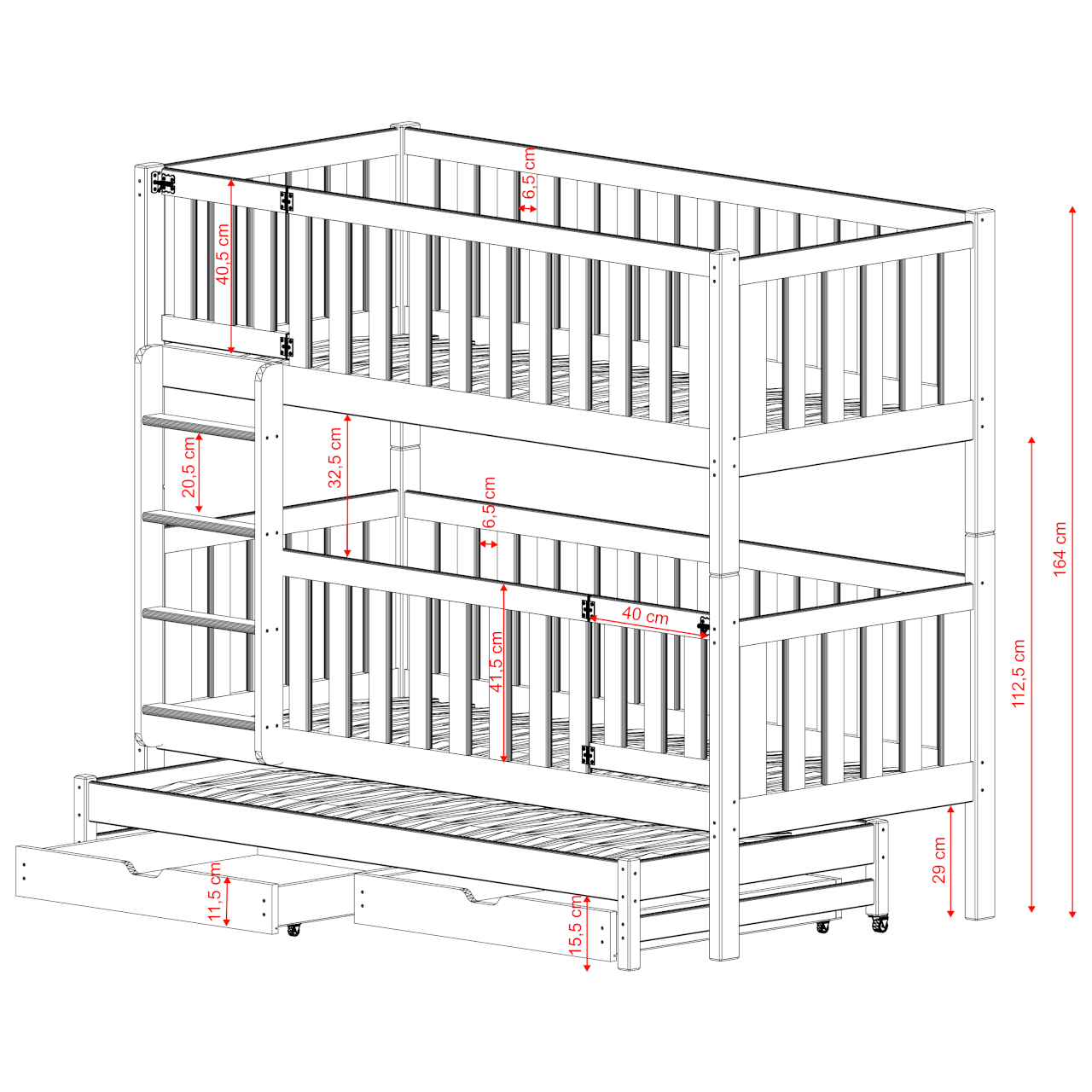 Drewniane łóżko piętrowe potrójne GATH 80x180 - obrazek 2
