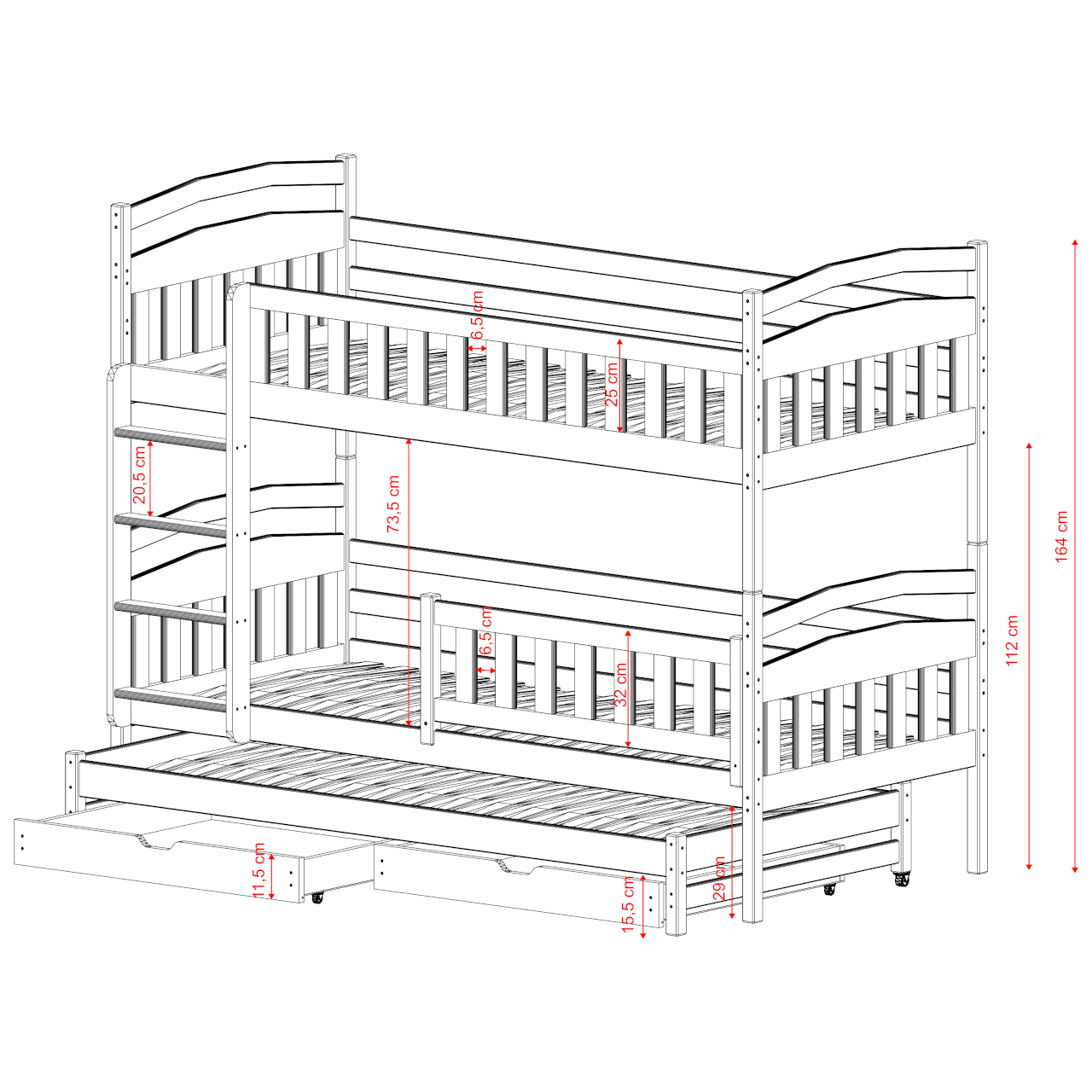 Drewniane łóżko piętrowe potrójne BLANC 80x180 - obrazek 2