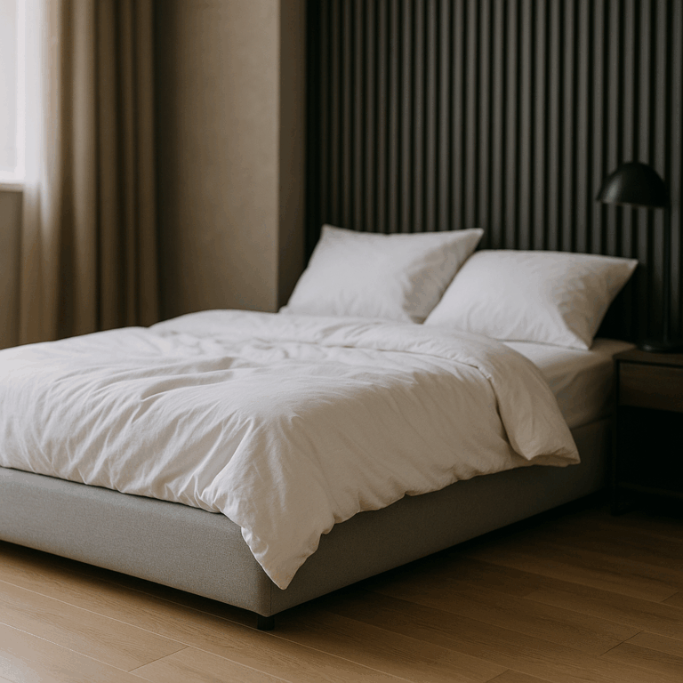 Łóżko tapicerowane bez zagłówka w nowoczesnej sypialni