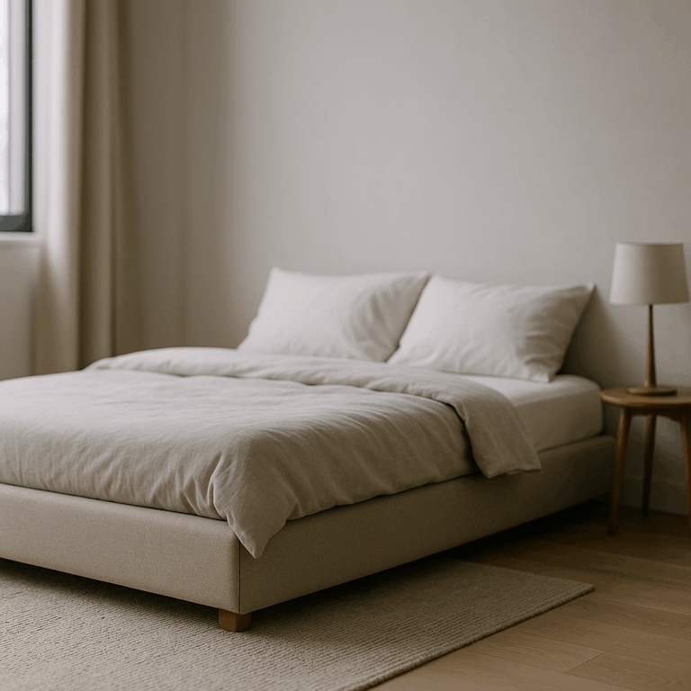 Łóżka tapicerowane bez zagłówka w nowoczesnej sypialni